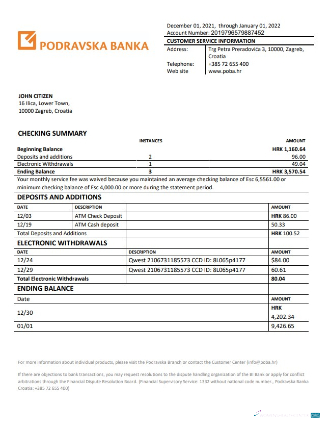 Download Croatia Podravska bank statement word